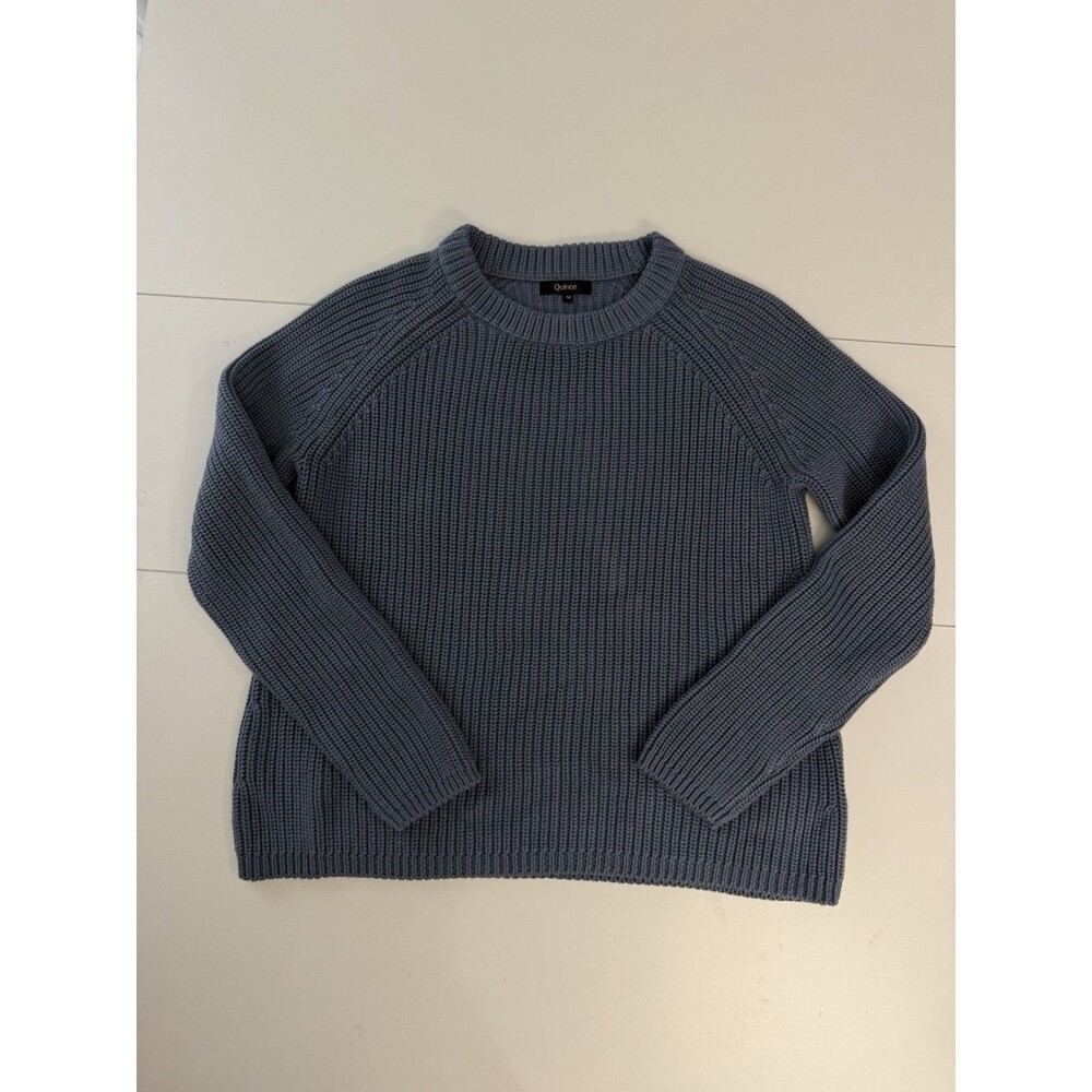 Quince Blue Organic Cotton Rib-Knit Crewneck Fisherman Pullover Sweater M
